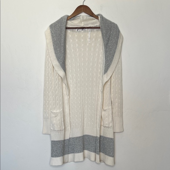 Yael Aflalo YAYA Metallic Knit Long Cardigan Gray Cream Open Front Size Large - Picture 1 of 6